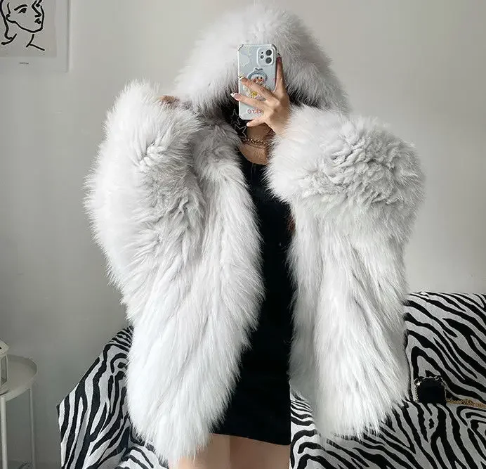 Faux Fur Coat Women Winter Short Bat Full Sleeve Hooded Coats Slim Spliced Thick Coat Loose Open Stitch Jacket