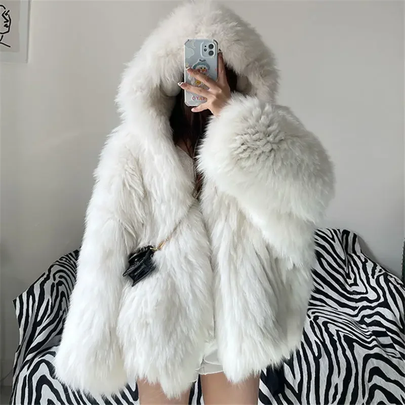Faux Fur Coat Women Winter Short Bat Full Sleeve Hooded Coats Slim Spliced Thick Coat Loose Open Stitch Jacket
