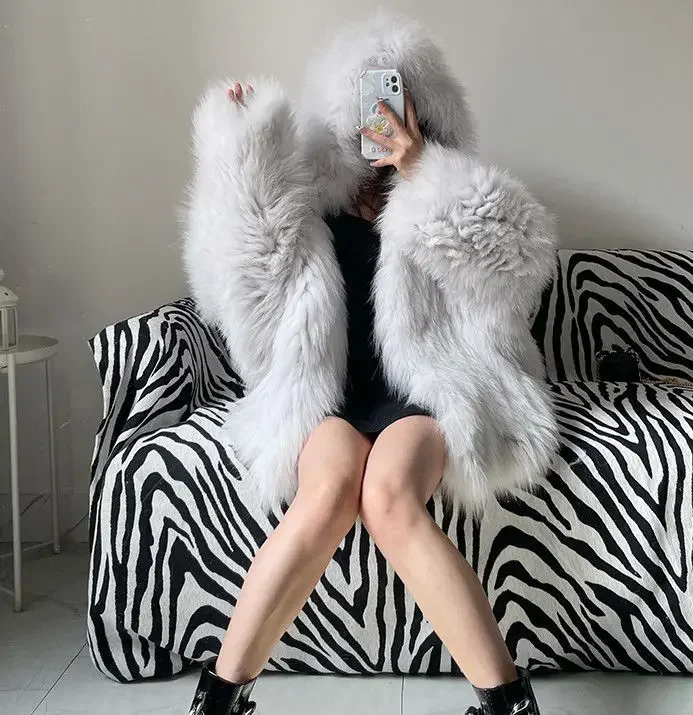 Faux Fur Coat Women Winter Short Bat Full Sleeve Hooded Coats Slim Spliced Thick Coat Loose Open Stitch Jacket