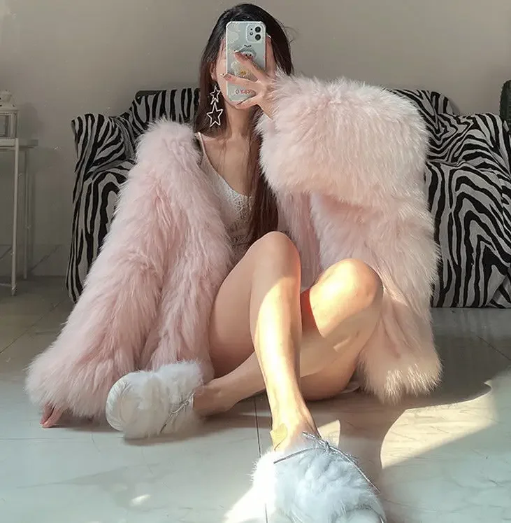 Faux Fur Coat Women Winter Short Bat Full Sleeve Hooded Coats Slim Spliced Thick Coat Loose Open Stitch Jacket