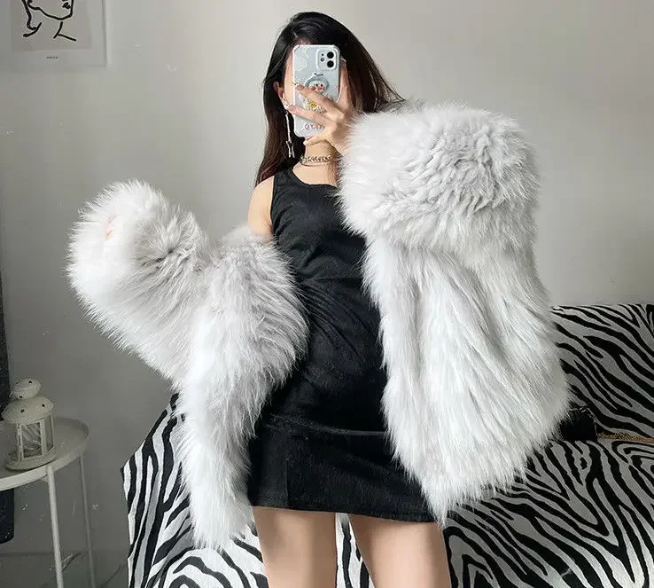Faux Fur Coat Women Winter Short Bat Full Sleeve Hooded Coats Slim Spliced Thick Coat Loose Open Stitch Jacket