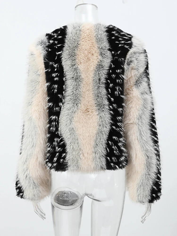 Women Color Block Faux Fur Coat Casual Round Neck Long-sleeved Fluffy Warm Crop Coats 2026 Winter Lady Chic Daily Street Jacket