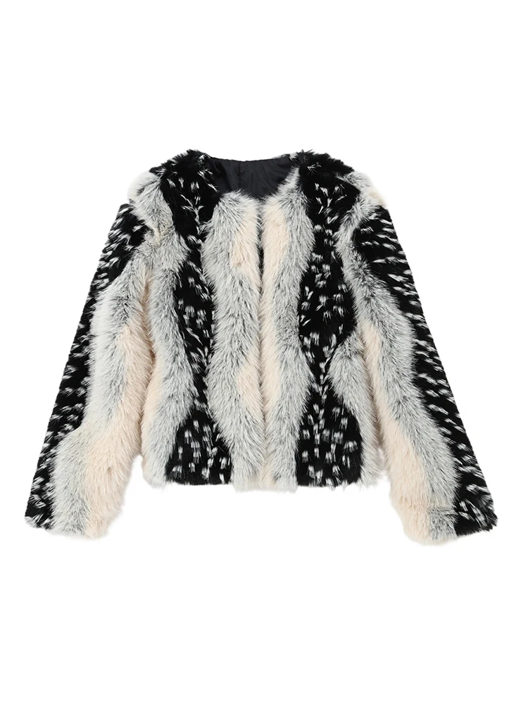 Women Color Block Faux Fur Coat Casual Round Neck Long-sleeved Fluffy Warm Crop Coats 2026 Winter Lady Chic Daily Street Jacket