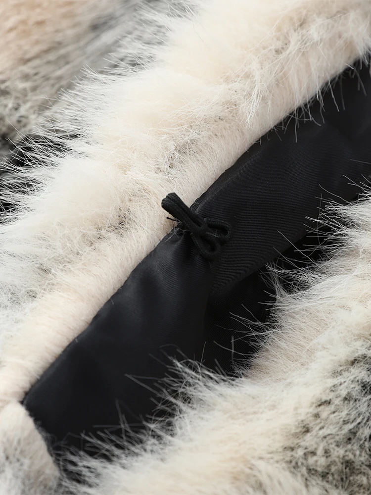 Women Color Block Faux Fur Coat Casual Round Neck Long-sleeved Fluffy Warm Crop Coats 2026 Winter Lady Chic Daily Street Jacket