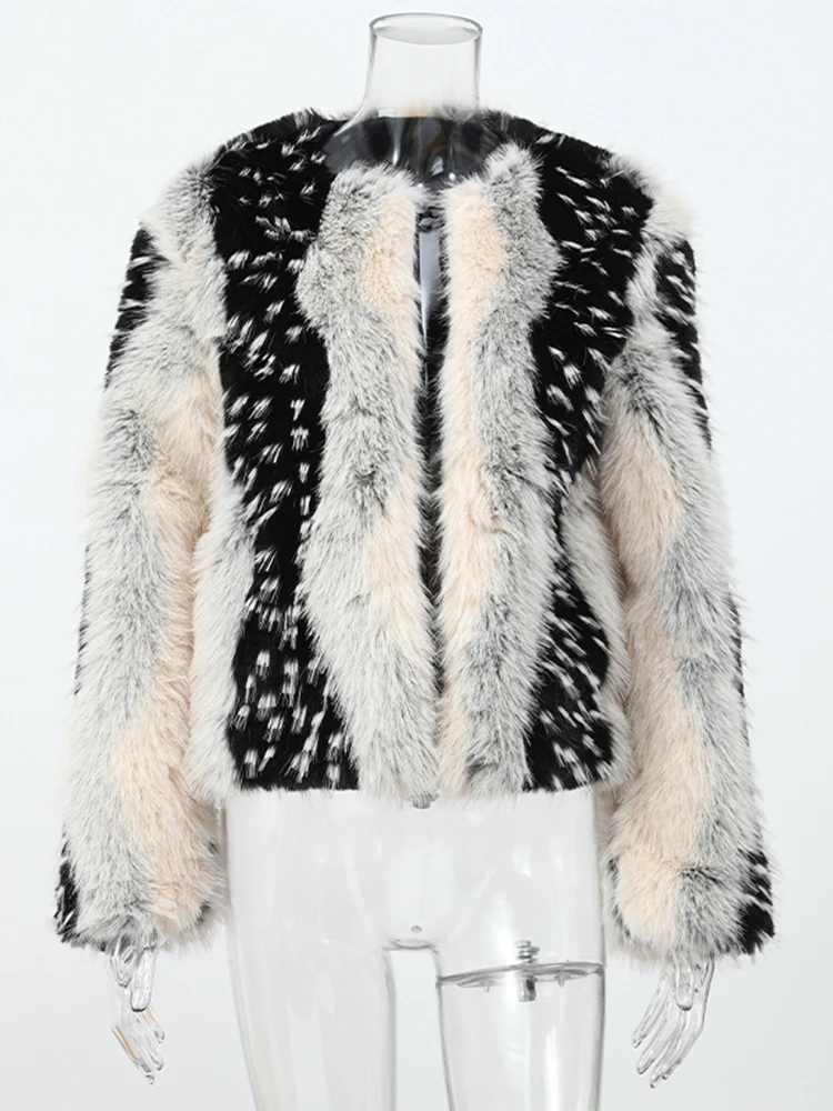Women Color Block Faux Fur Coat Casual Round Neck Long-sleeved Fluffy Warm Crop Coats 2026 Winter Lady Chic Daily Street Jacket