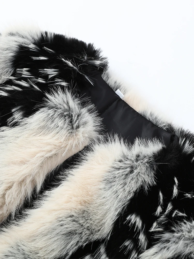 Women Color Block Faux Fur Coat Casual Round Neck Long-sleeved Fluffy Warm Crop Coats 2026 Winter Lady Chic Daily Street Jacket
