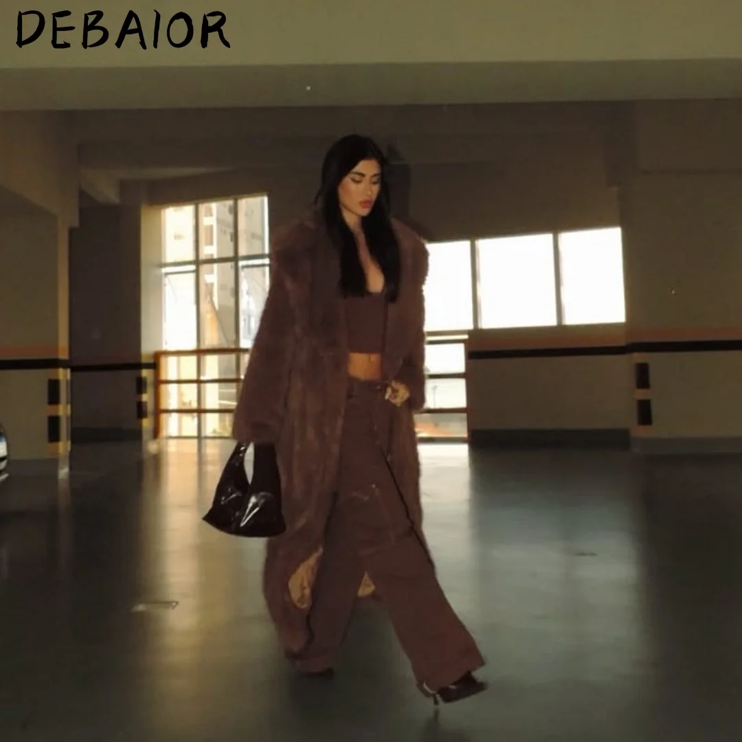 DEBAIOR New Autumn Winter Women's Gradient Faux Fur Long Coat Lapel Belted Faux Fur Jacket Female Thick Warm Clothes Outerwear