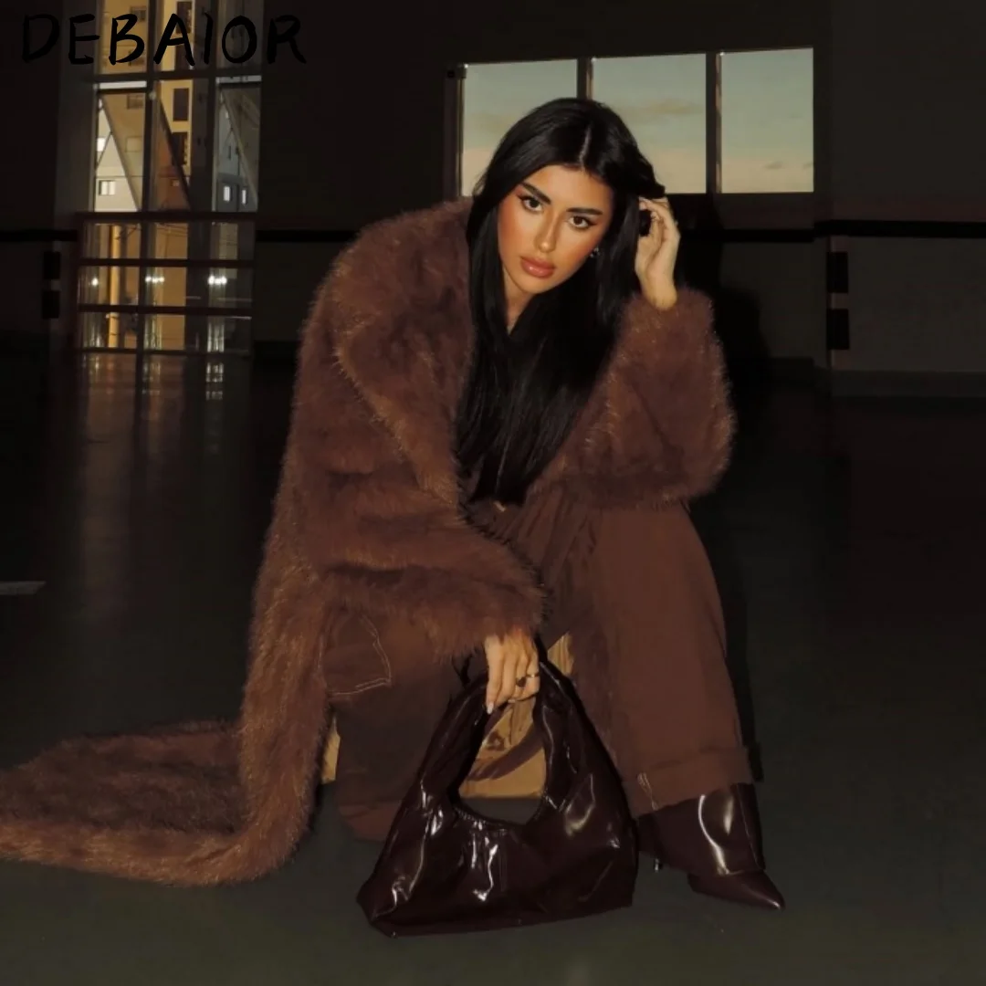 DEBAIOR New Autumn Winter Women's Gradient Faux Fur Long Coat Lapel Belted Faux Fur Jacket Female Thick Warm Clothes Outerwear
