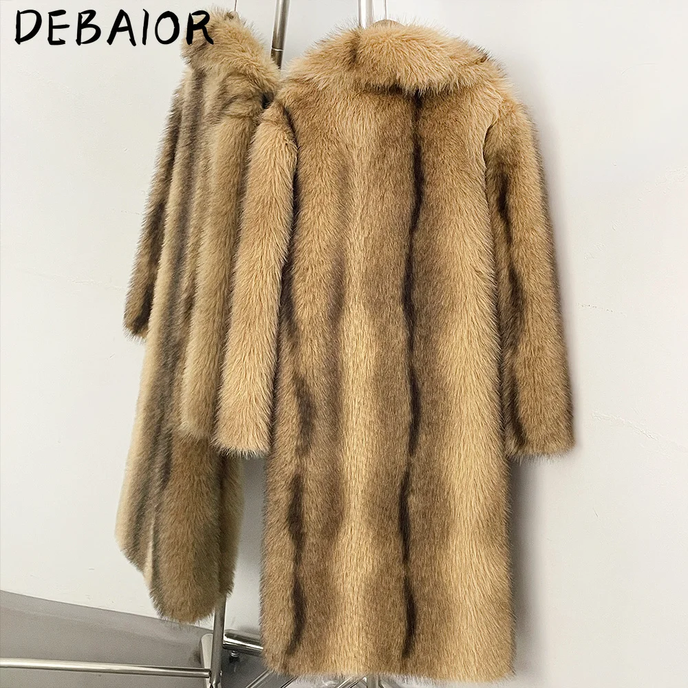 DEBAIOR New Autumn Winter Women's Gradient Faux Fur Long Coat Lapel Belted Faux Fur Jacket Female Thick Warm Clothes Outerwear