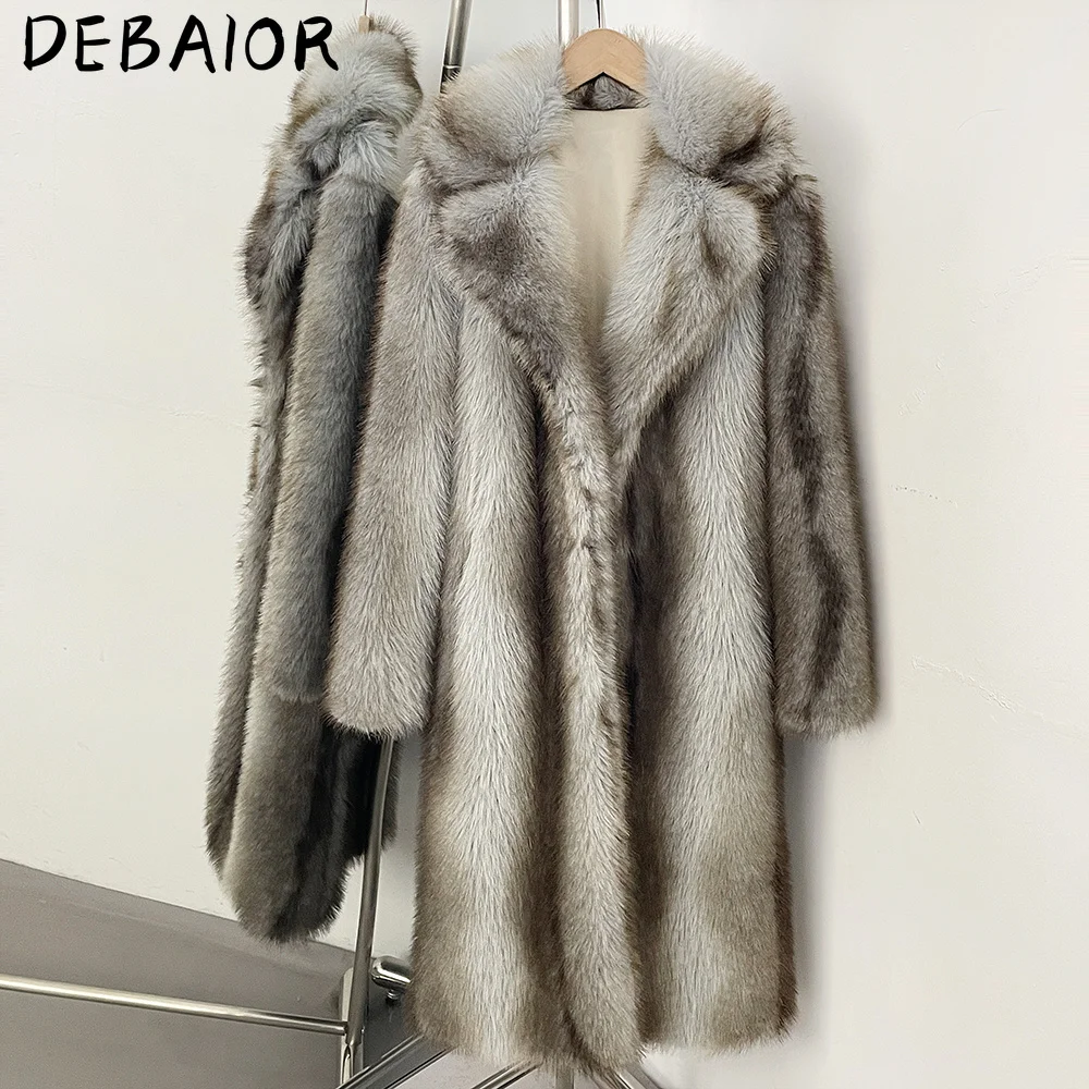 DEBAIOR New Autumn Winter Women's Gradient Faux Fur Long Coat Lapel Belted Faux Fur Jacket Female Thick Warm Clothes Outerwear