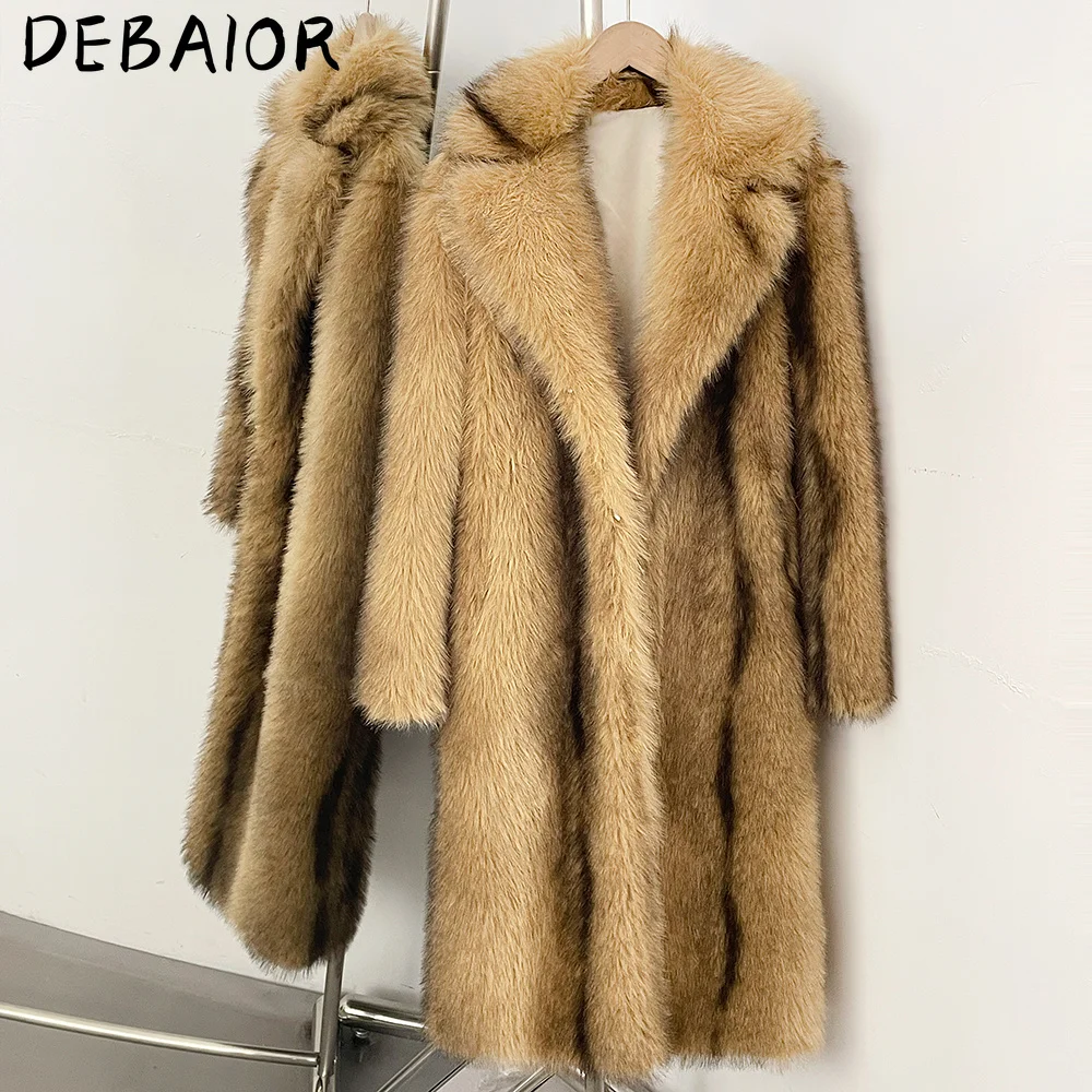 DEBAIOR New Autumn Winter Women's Gradient Faux Fur Long Coat Lapel Belted Faux Fur Jacket Female Thick Warm Clothes Outerwear