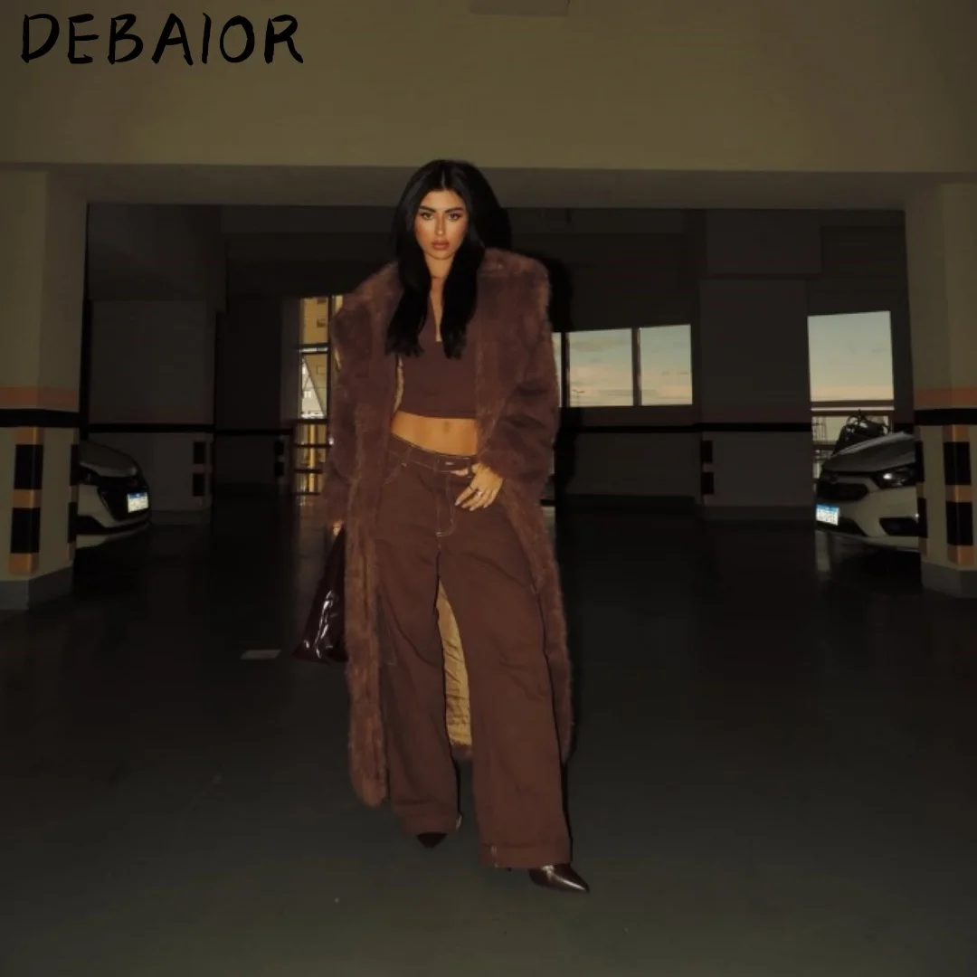 DEBAIOR New Autumn Winter Women's Gradient Faux Fur Long Coat Lapel Belted Faux Fur Jacket Female Thick Warm Clothes Outerwear