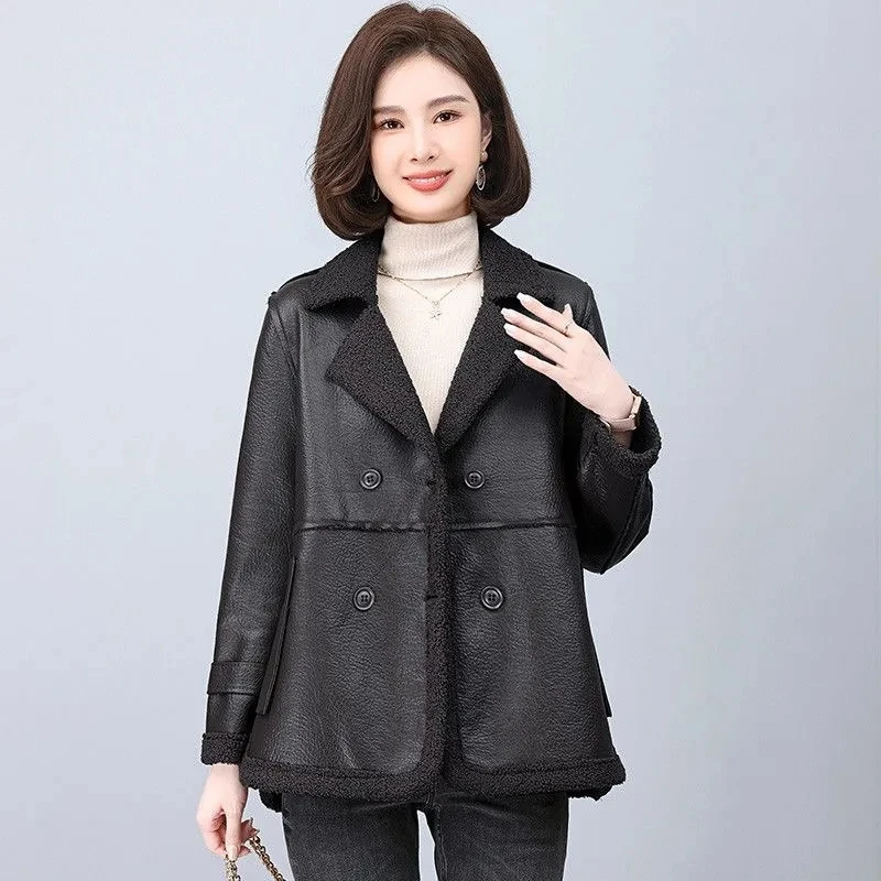 2025 Autumn/Winter New Thick Velvet Women's Leather Jacket Fashionable, Wearing Fur on Both Sides for Warmth