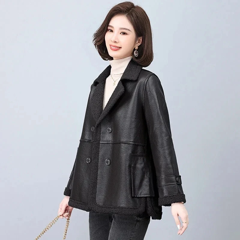 2025 Autumn/Winter New Thick Velvet Women's Leather Jacket Fashionable, Wearing Fur on Both Sides for Warmth