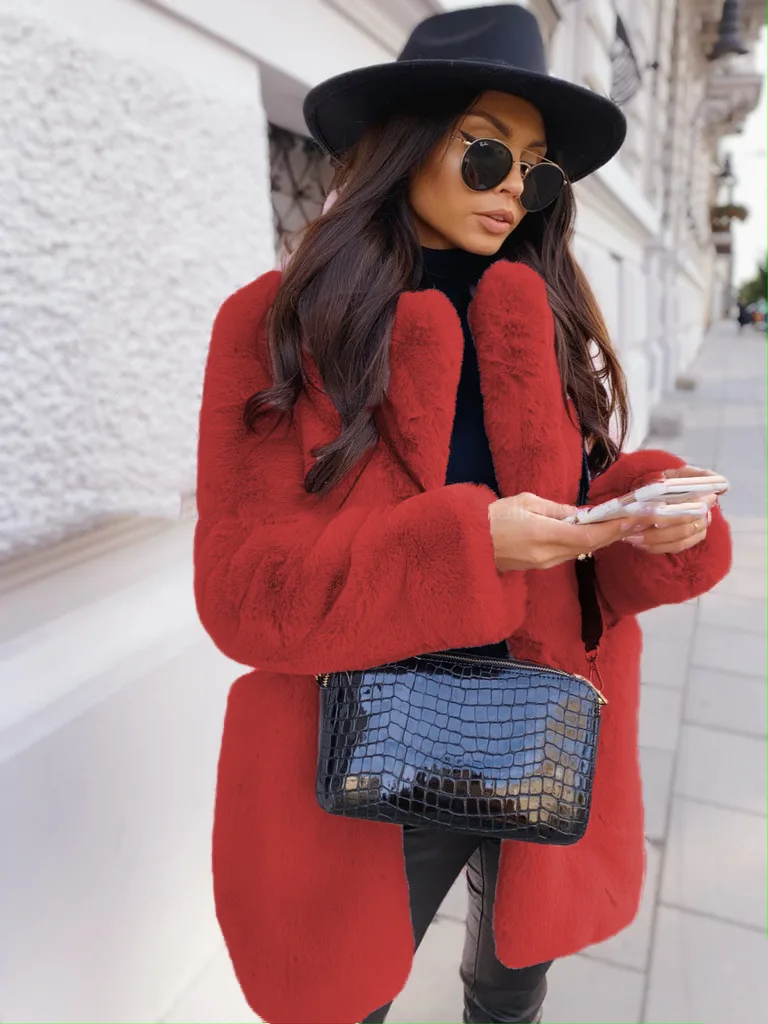 2022 New Women Winter Warm Faux Fur Coat Thick Women Middle -Long Overcoat Turn Down Collar Women Warm Female Casaco Feminino