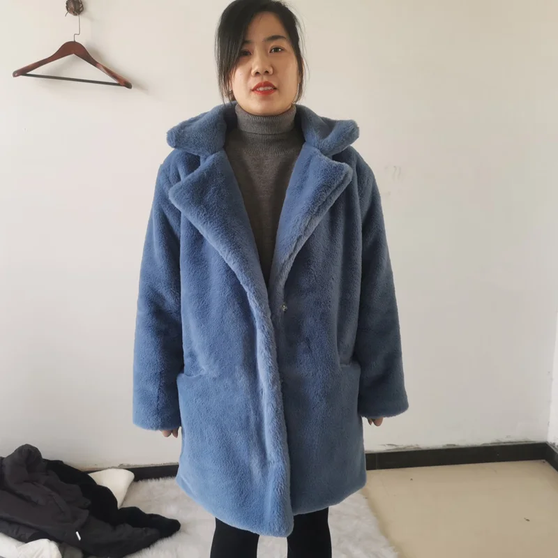 2022 New Women Winter Warm Faux Fur Coat Thick Women Middle -Long Overcoat Turn Down Collar Women Warm Female Casaco Feminino