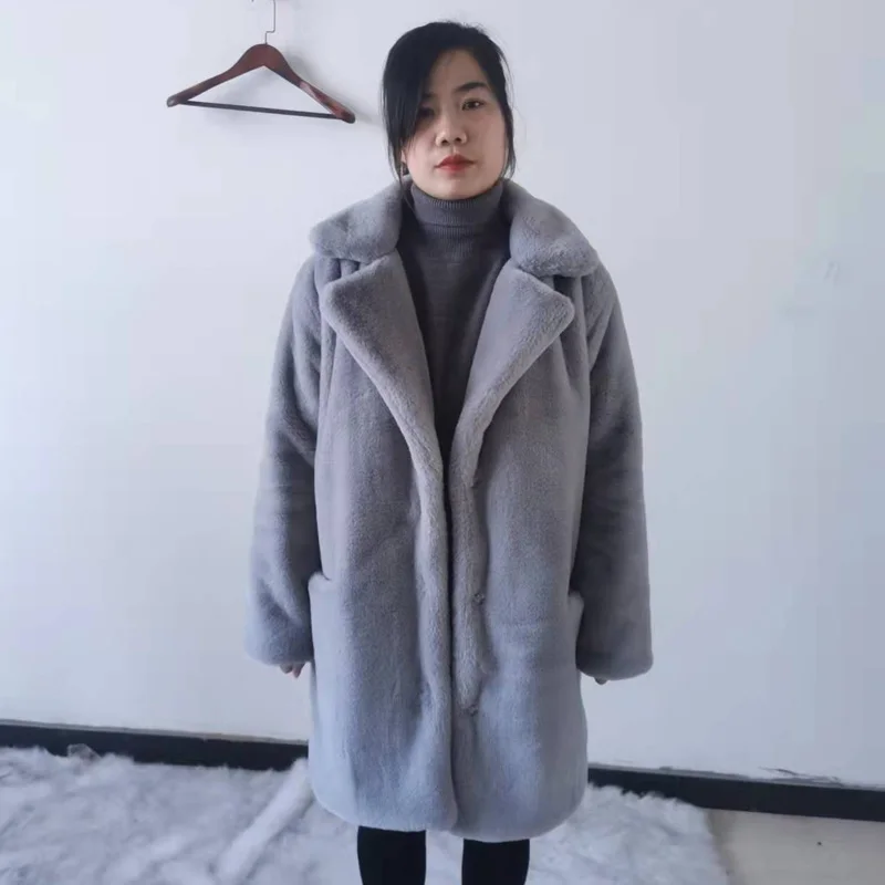 2022 New Women Winter Warm Faux Fur Coat Thick Women Middle -Long Overcoat Turn Down Collar Women Warm Female Casaco Feminino