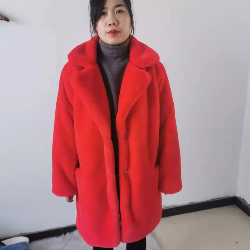 2022 New Women Winter Warm Faux Fur Coat Thick Women Middle -Long Overcoat Turn Down Collar Women Warm Female Casaco Feminino