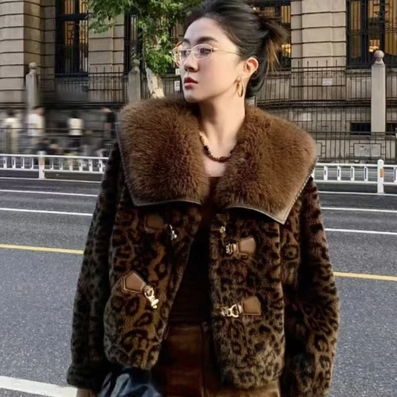MEXZT Leopard Print Faux Fur Coat Women Fashion Cropped Fluffy Jacket Winter Streetwear Korean Long Sleeve Furry Outerwears New