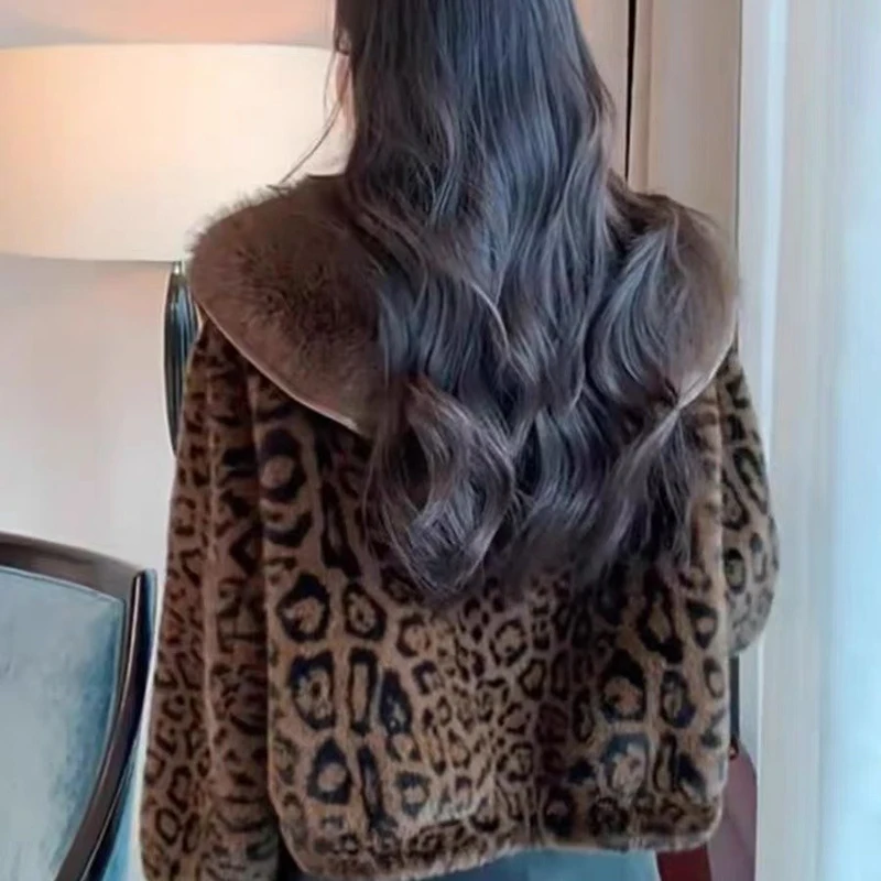 MEXZT Leopard Print Faux Fur Coat Women Fashion Cropped Fluffy Jacket Winter Streetwear Korean Long Sleeve Furry Outerwears New