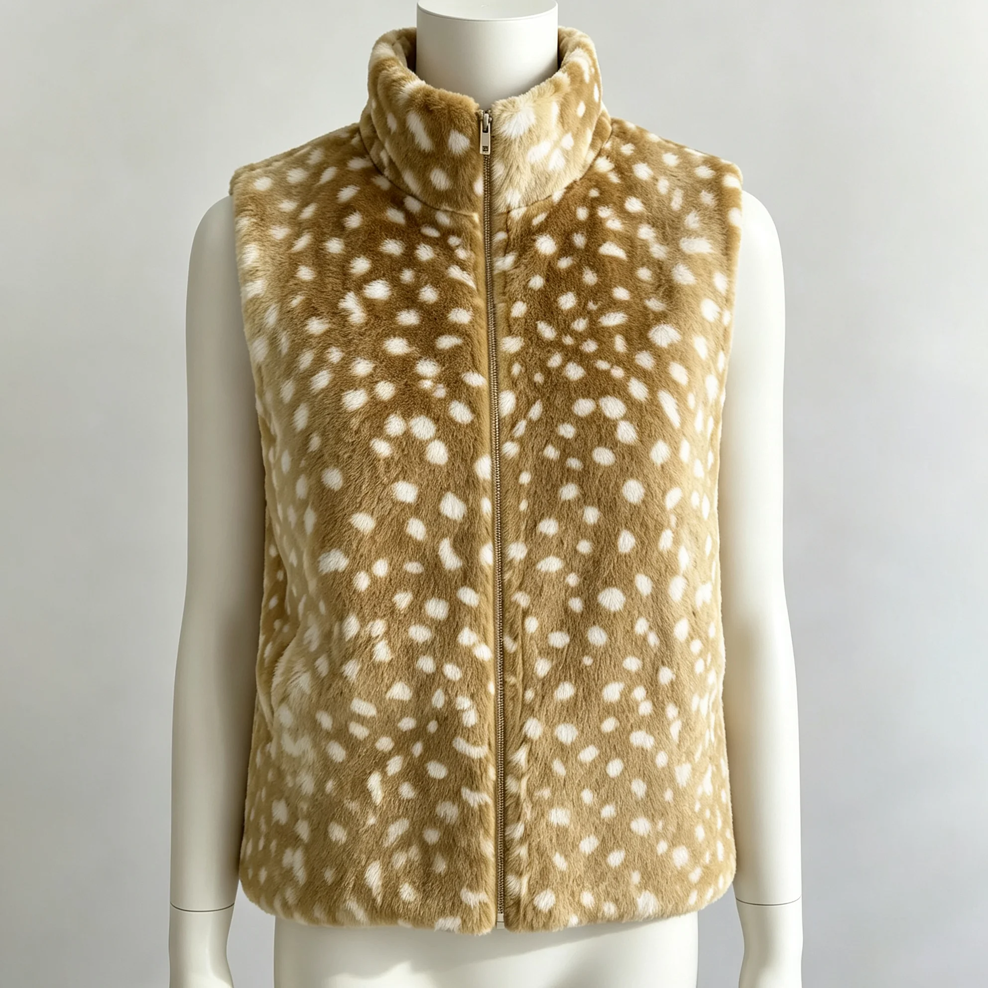 IG Women Deer Spotted Plush Faux Fur Vest, Stand Collar Full Zip Sleeveless Cropped, Soft Fluffy Warm Winter Casual Outerwear