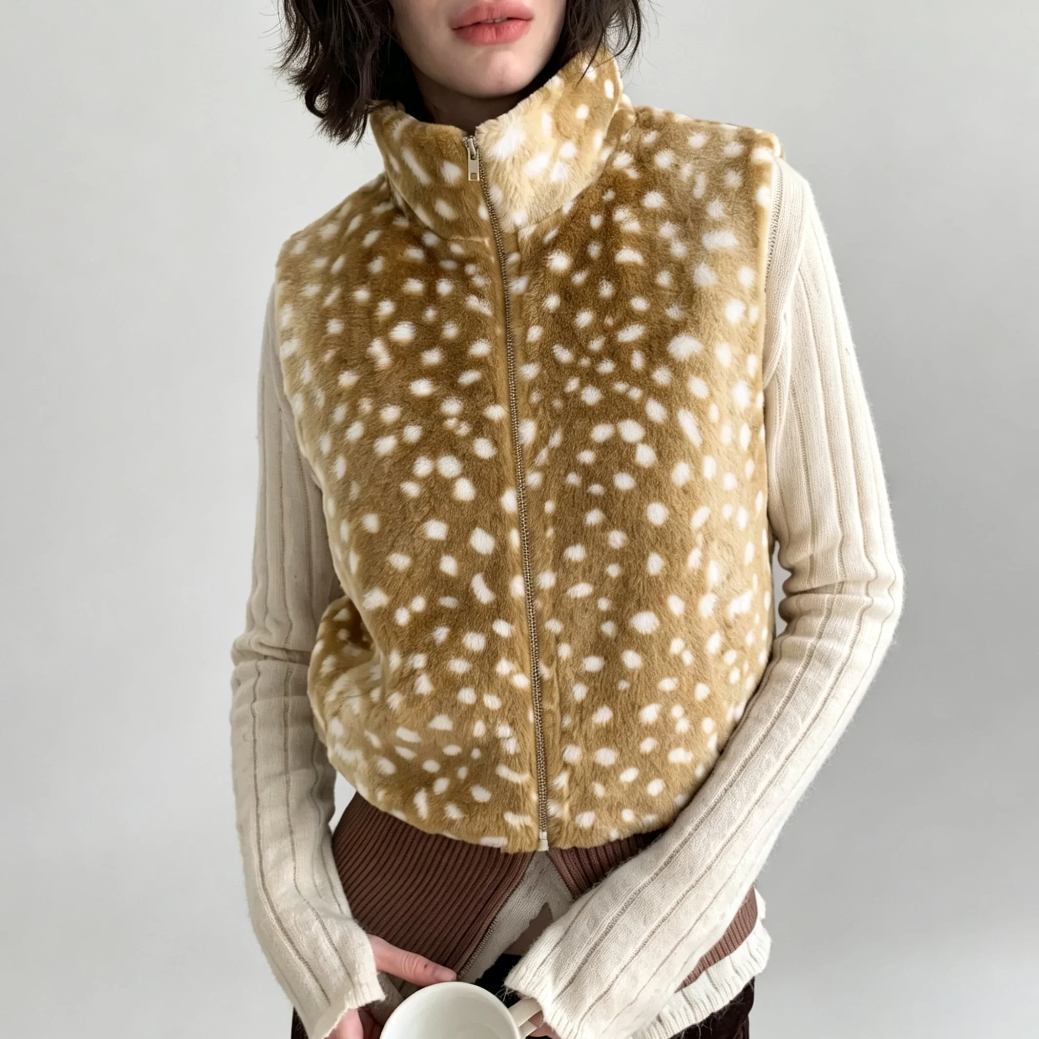 IG Women Deer Spotted Plush Faux Fur Vest, Stand Collar Full Zip Sleeveless Cropped, Soft Fluffy Warm Winter Casual Outerwear