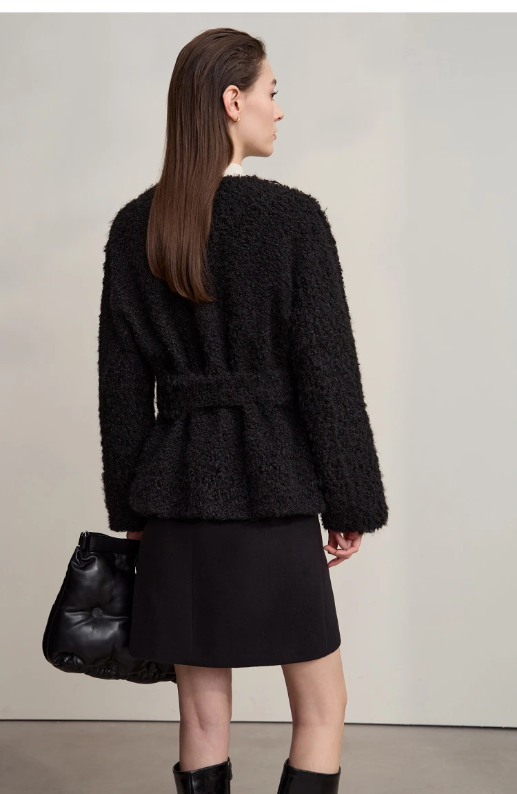 Amii Fur Coat 2026 Winter New Loose Short V-Neck Versatile Women's Coat Warm Long Sleeves With A Belt Jacket With Fur 12524007