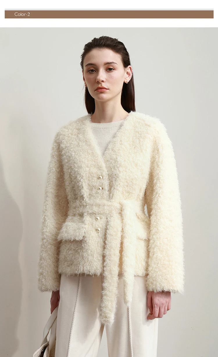 Amii Fur Coat 2026 Winter New Loose Short V-Neck Versatile Women's Coat Warm Long Sleeves With A Belt Jacket With Fur 12524007