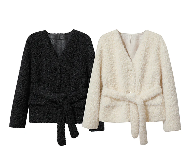 Amii Fur Coat 2026 Winter New Loose Short V-Neck Versatile Women's Coat Warm Long Sleeves With A Belt Jacket With Fur 12524007