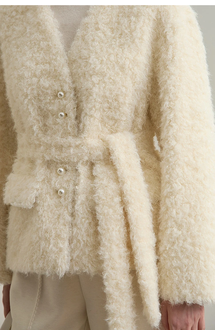 Amii Fur Coat 2026 Winter New Loose Short V-Neck Versatile Women's Coat Warm Long Sleeves With A Belt Jacket With Fur 12524007
