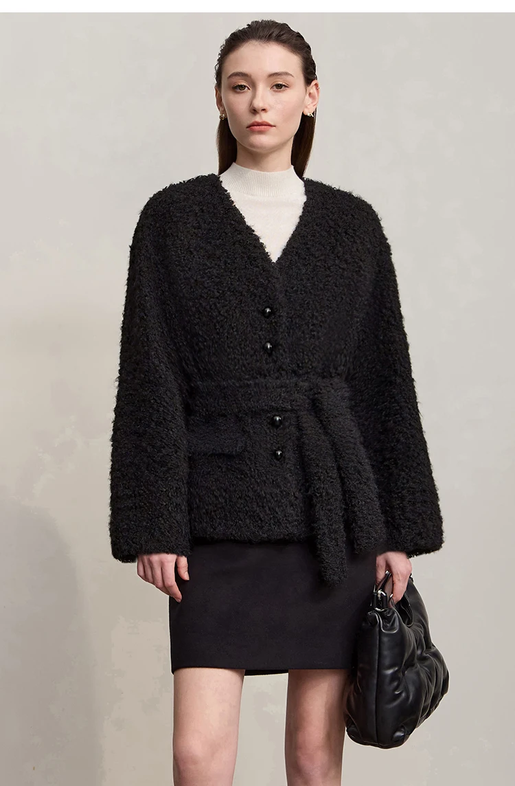 Amii Fur Coat 2026 Winter New Loose Short V-Neck Versatile Women's Coat Warm Long Sleeves With A Belt Jacket With Fur 12524007