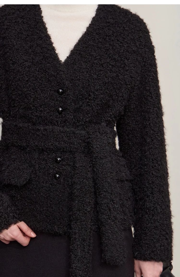 Amii Fur Coat 2026 Winter New Loose Short V-Neck Versatile Women's Coat Warm Long Sleeves With A Belt Jacket With Fur 12524007