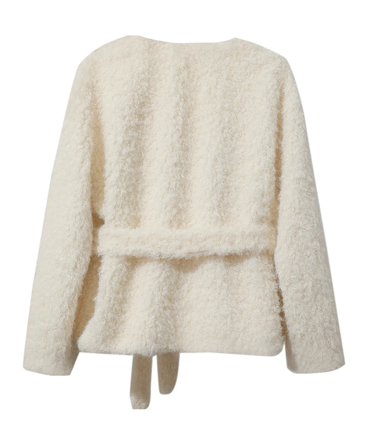 Amii Fur Coat 2026 Winter New Loose Short V-Neck Versatile Women's Coat Warm Long Sleeves With A Belt Jacket With Fur 12524007