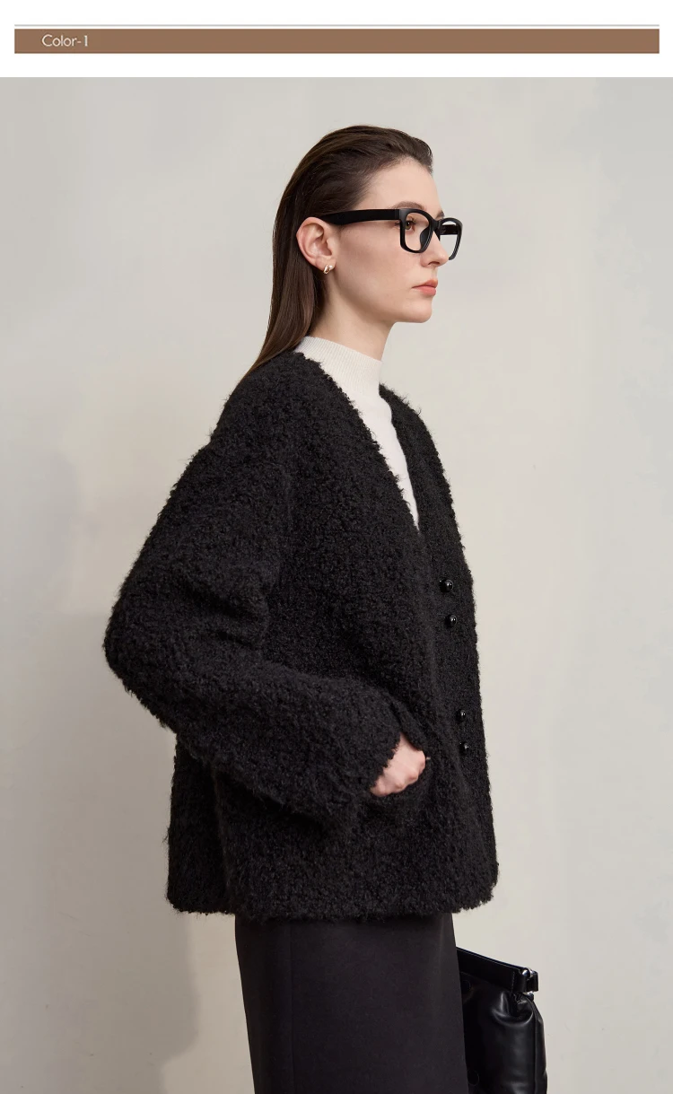 Amii Fur Coat 2026 Winter New Loose Short V-Neck Versatile Women's Coat Warm Long Sleeves With A Belt Jacket With Fur 12524007