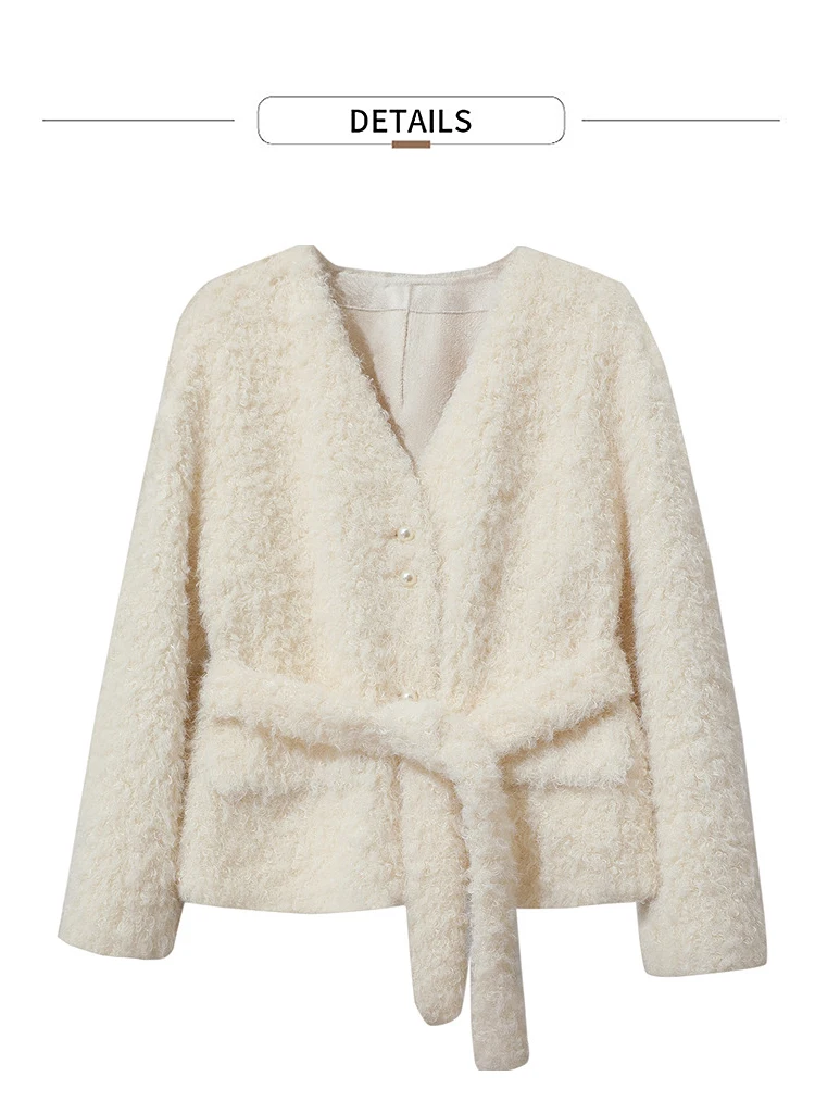 Amii Fur Coat 2026 Winter New Loose Short V-Neck Versatile Women's Coat Warm Long Sleeves With A Belt Jacket With Fur 12524007