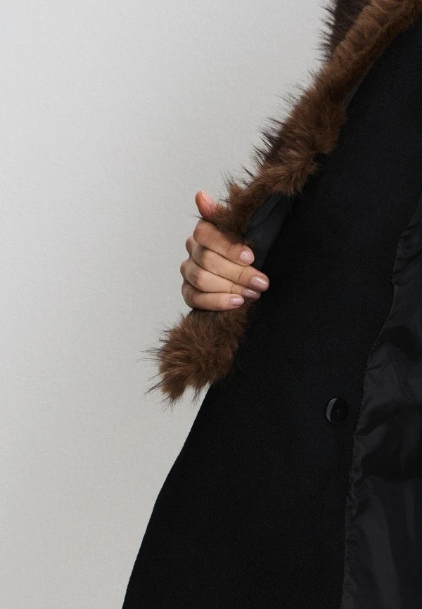 Women Brown Faux Fur Sleeve & Collar Cropped Bomber Jacket, Full Zip Cinched Waist Utility Pockets, Winter Warm Street Casual Ou