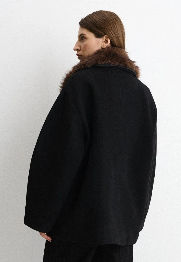 Women Brown Faux Fur Sleeve & Collar Cropped Bomber Jacket, Full Zip Cinched Waist Utility Pockets, Winter Warm Street Casual Ou
