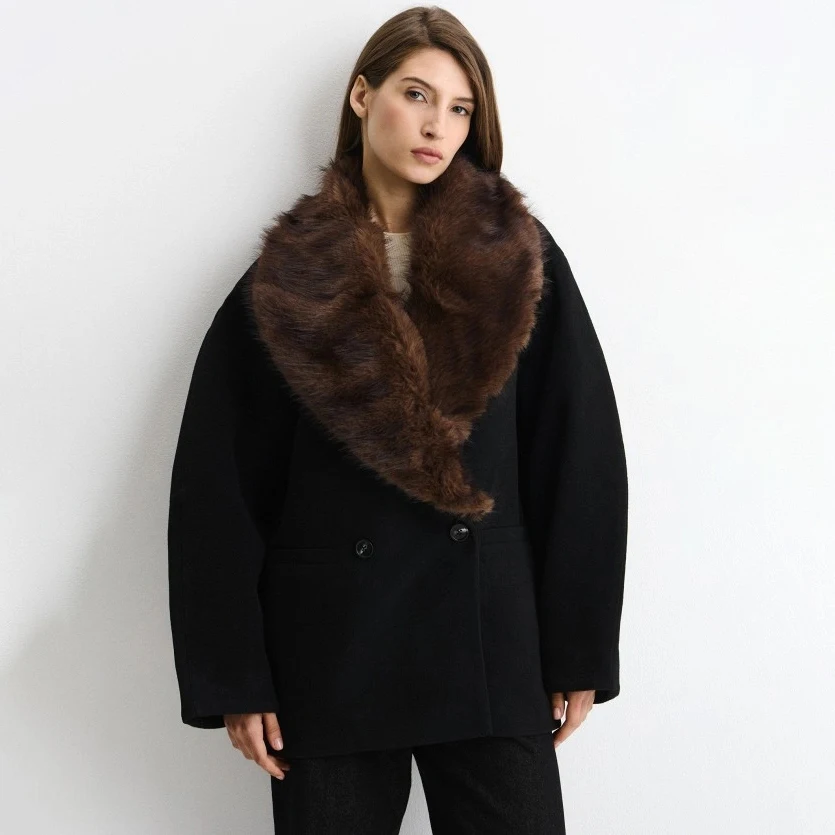 Women Brown Faux Fur Sleeve & Collar Cropped Bomber Jacket, Full Zip Cinched Waist Utility Pockets, Winter Warm Street Casual Ou