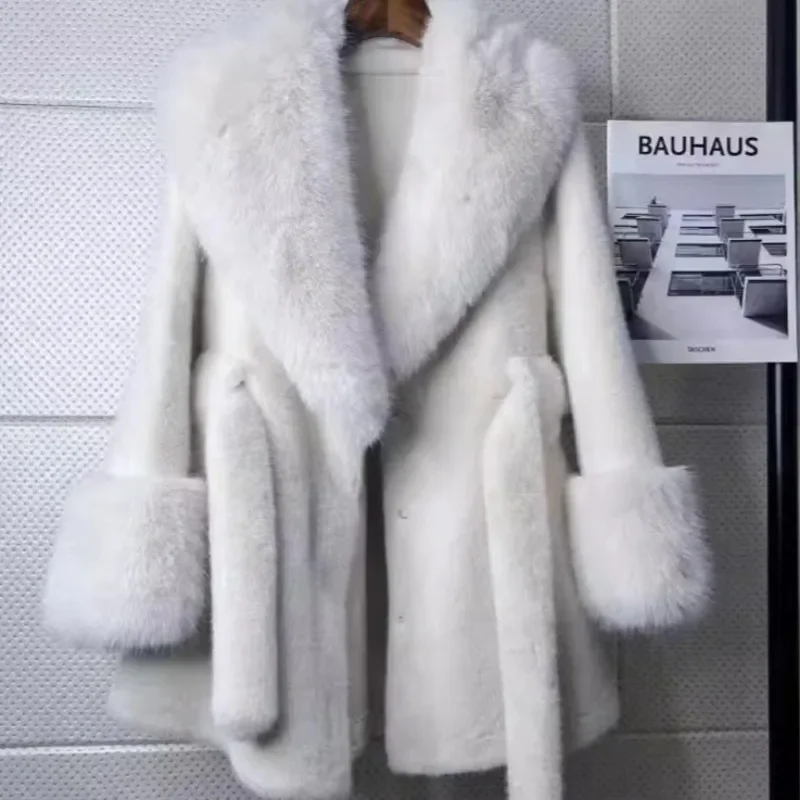 Luxury Vintage Faux Fur Coat Women Fur Collar Long Sleeve with Belt Oversized Fur Jacket Warm Thick Winter Cardigan Lady's Coats