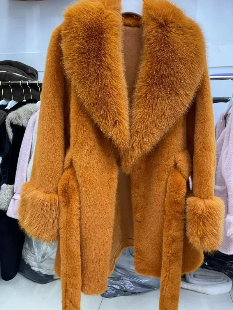 Luxury Vintage Faux Fur Coat Women Fur Collar Long Sleeve with Belt Oversized Fur Jacket Warm Thick Winter Cardigan Lady's Coats