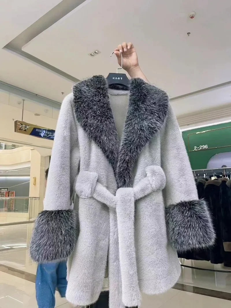 Luxury Vintage Faux Fur Coat Women Fur Collar Long Sleeve with Belt Oversized Fur Jacket Warm Thick Winter Cardigan Lady's Coats