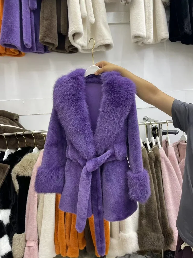 Luxury Vintage Faux Fur Coat Women Fur Collar Long Sleeve with Belt Oversized Fur Jacket Warm Thick Winter Cardigan Lady's Coats