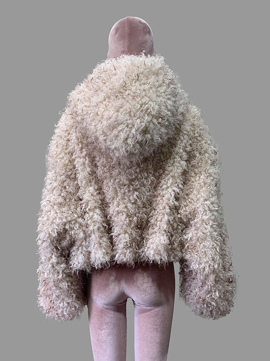 Nerazzurri Winter Short Oversized Thick Warm Shaggy Fuzzy Faux Mongolian Fur Coat Women Luxury Clothes 2026 Fluffy Hooded Jacket