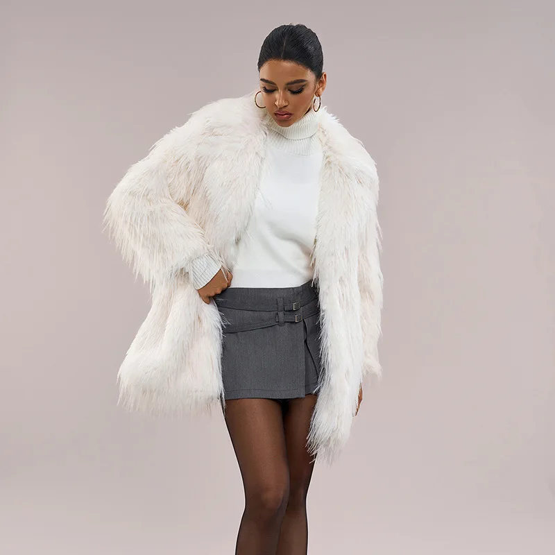 Women Faux Fur Mid Length Coats Jackets Turn Down Collar Coat Thick Warm Y2k Streetwear Jacket Casual Loose Autumn Winter 2026
