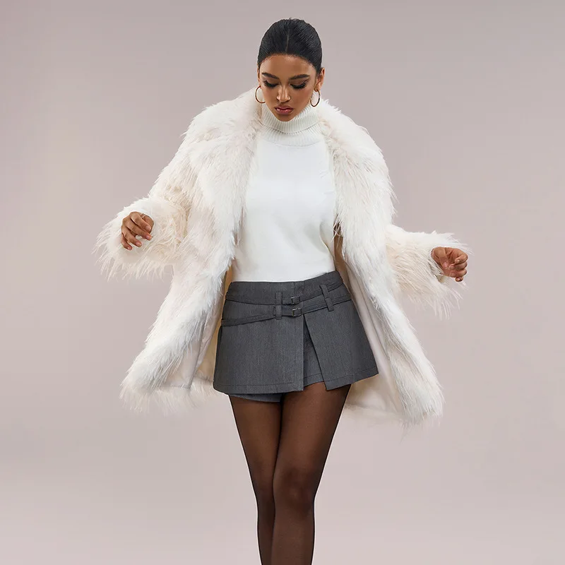 Women Faux Fur Mid Length Coats Jackets Turn Down Collar Coat Thick Warm Y2k Streetwear Jacket Casual Loose Autumn Winter 2026