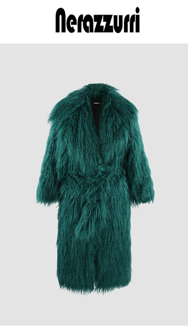 Nerazzurri Winter Long White Black Hairy Shaggy Fluffy Thick Warm Soft Stylish Faux Mongolia Lamb Fur Coat Women Belt Lapel 2023