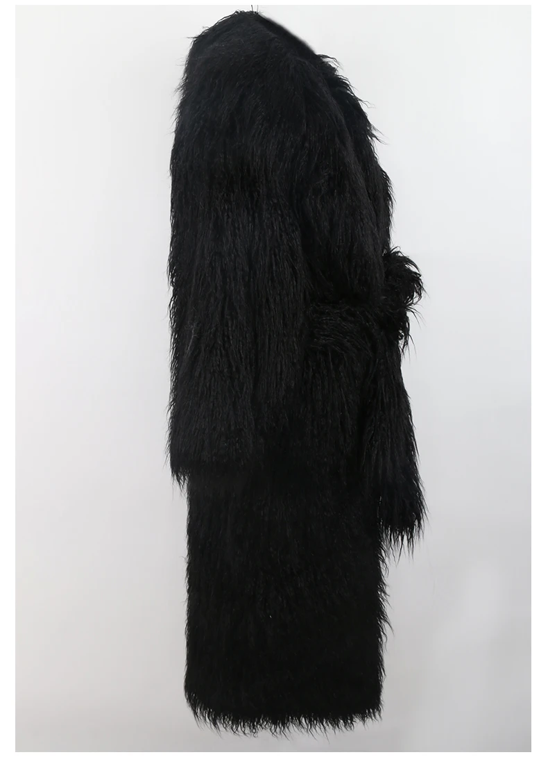 Nerazzurri Winter Long White Black Hairy Shaggy Fluffy Thick Warm Soft Stylish Faux Mongolia Lamb Fur Coat Women Belt Lapel 2023