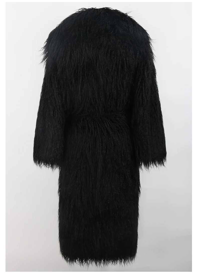 Nerazzurri Winter Long White Black Hairy Shaggy Fluffy Thick Warm Soft Stylish Faux Mongolia Lamb Fur Coat Women Belt Lapel 2023