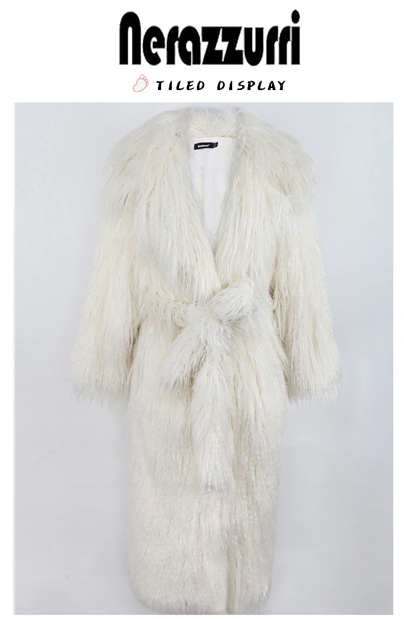 Nerazzurri Winter Long White Black Hairy Shaggy Fluffy Thick Warm Soft Stylish Faux Mongolia Lamb Fur Coat Women Belt Lapel 2023