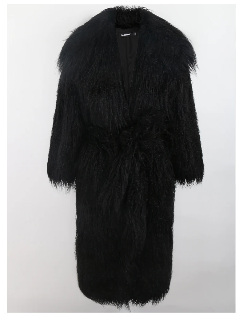 Nerazzurri Winter Long White Black Hairy Shaggy Fluffy Thick Warm Soft Stylish Faux Mongolia Lamb Fur Coat Women Belt Lapel 2023